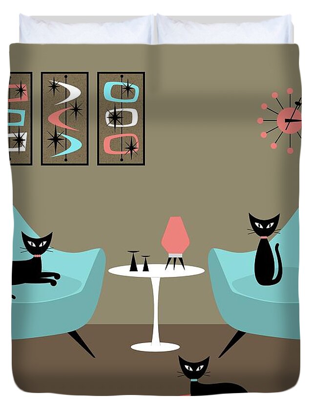 Mid Century Modern Duvet Cover featuring the digital art Mid Century Modern Black Cats by Donna Mibus