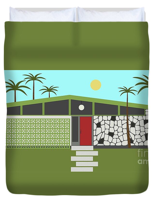 Mcm Duvet Cover featuring the digital art Mid Century Modern House in Green by Donna Mibus