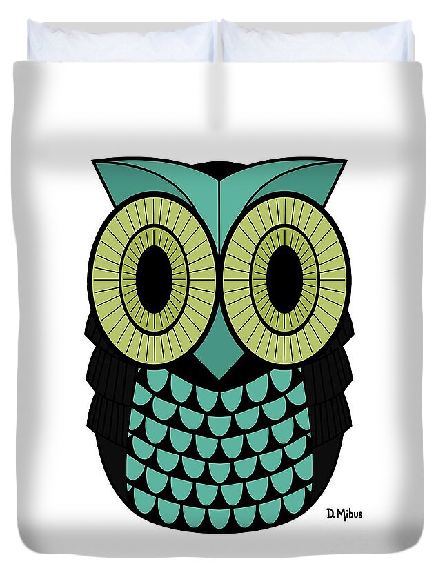 Owl Duvet Cover featuring the digital art Mid Century Owl in Teal and Green by Donna Mibus