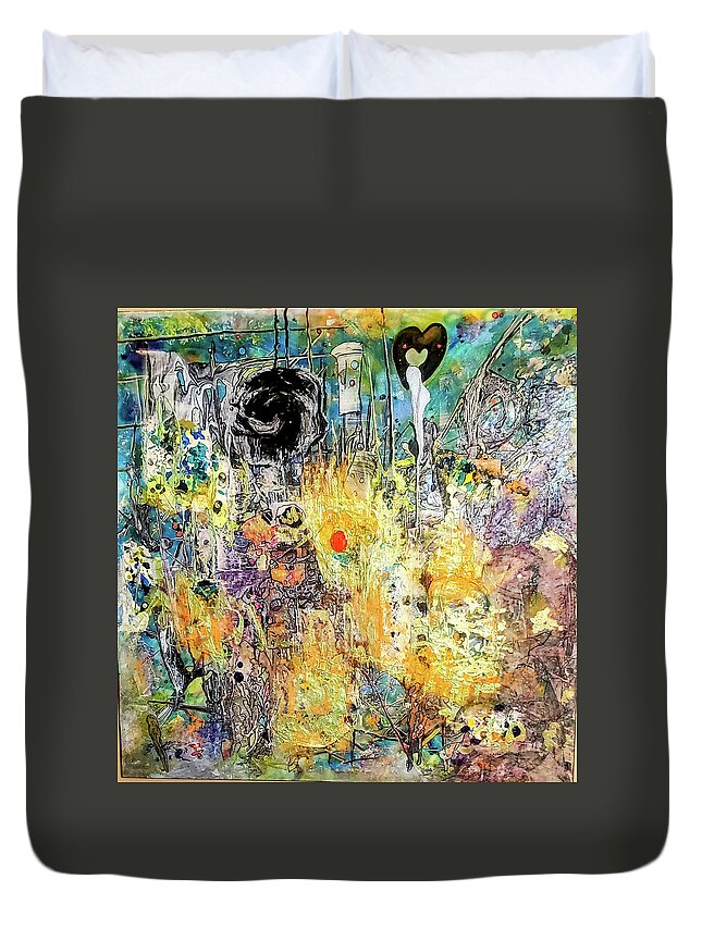 Collage Duvet Cover featuring the painting Middle Earth Mardi Gras by Karen Lillard