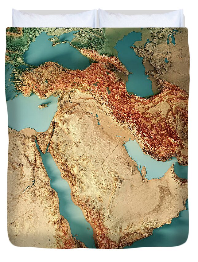 Middle East Duvet Cover featuring the digital art Middle East 3D Render Topographic Map Color by Frank Ramspott