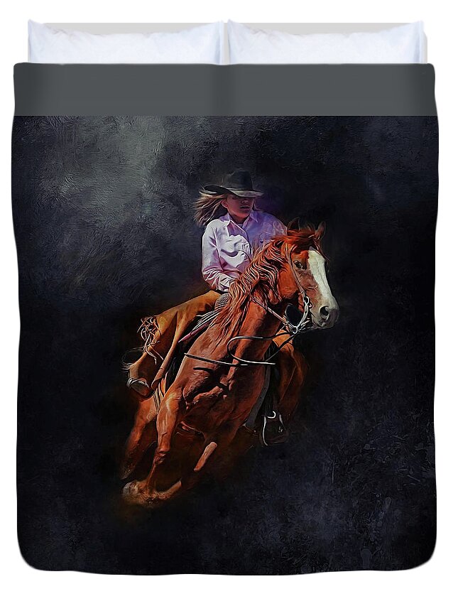 Cowgirl Duvet Cover featuring the mixed media Midnight Rider by Kathy Kelly