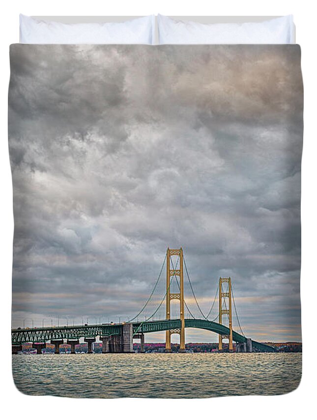 Mackinac Bridge Duvet Cover featuring the photograph Mighty Mack Morning by Peg Runyan