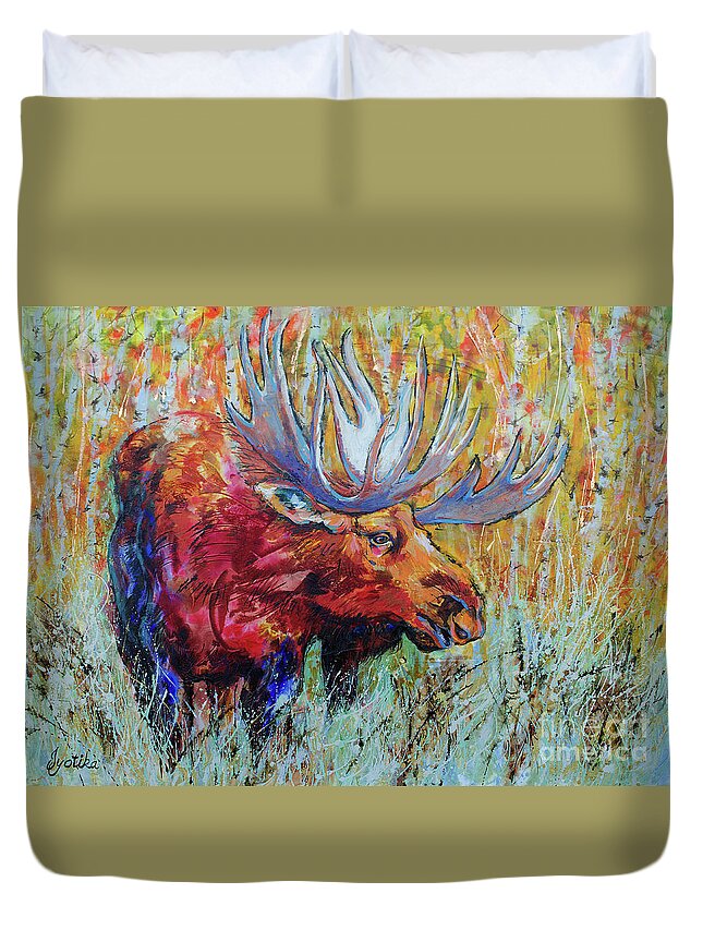 Moose Duvet Cover featuring the painting Mighty Moose by Jyotika Shroff