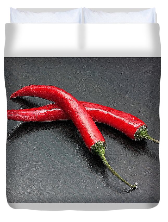 Spices Duvet Cover featuring the painting Mild Medium Hot Fire Breathing Red Chili Peppers by Tony Rubino