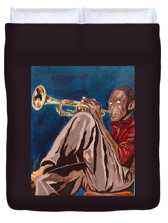  Duvet Cover featuring the painting Miles Davis-Backstage by Bill Manson