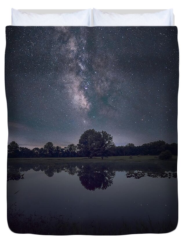 Nightscape Duvet Cover featuring the photograph Milky Way over the Pond by Grant Twiss