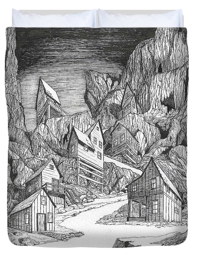 Old Duvet Cover featuring the drawing Miner's Village by Loxi Sibley