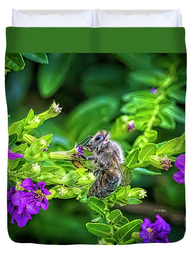 Bees Duvet Cover featuring the photograph Mining Bee In Mexican Heather by DB Hayes