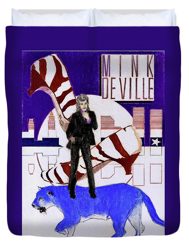 Willy Deville Duvet Cover featuring the drawing Mink DeVille - Le Chat Bleu by Sean Connolly