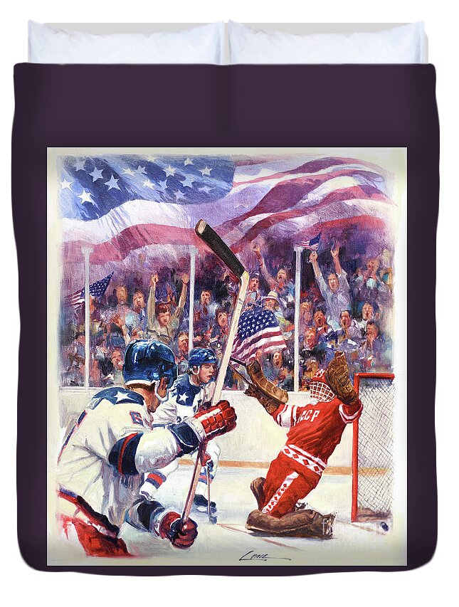Dennis Lyall Duvet Cover featuring the painting Miracle On Ice - USA Olympic Hockey Wins Over USSR by Dennis Lyall