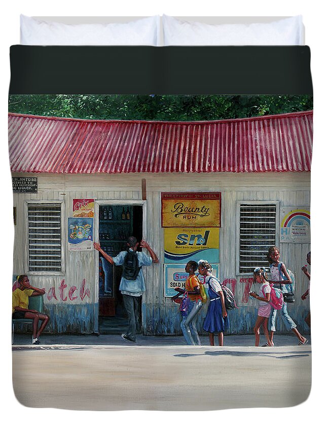 Caribbean Duvet Cover featuring the painting Miss Helen's Shop by Jonathan Gladding