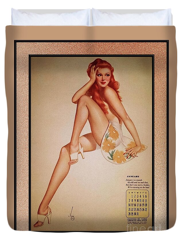 Miss January Duvet Cover featuring the painting Miss January Varga Girl 1944 Pin-up Calendar by Alberto Vargas Vintage Pin-Up Girl Art by Rolando Burbon