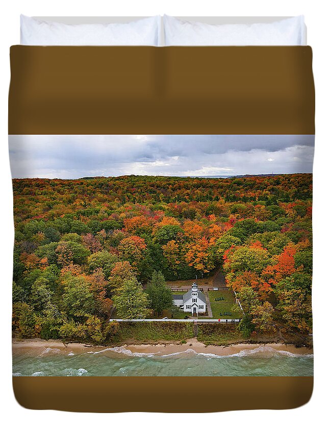 Lighthouse Duvet Cover featuring the photograph Mission Point Lighthouse with fall colors in Traverse City Michigan by Eldon McGraw