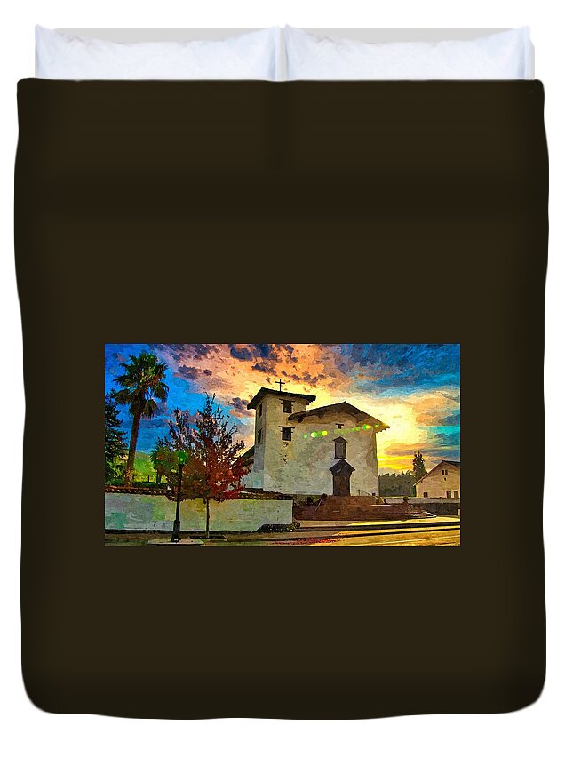 Mission San Jose Duvet Cover featuring the digital art Mission San Jose in Fremont, California - watercolor painting by Nicko Prints