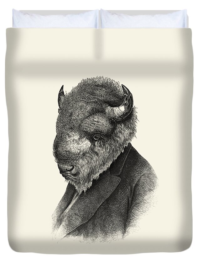 Buffalo Duvet Cover featuring the digital art Mister Bison by Madame Memento