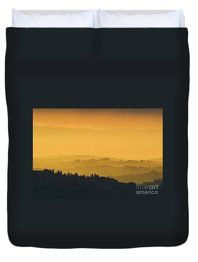 Tuscany Landscape Duvet Cover featuring the photograph Misty morning sunrise, Tuscany, Italy by Neale And Judith Clark