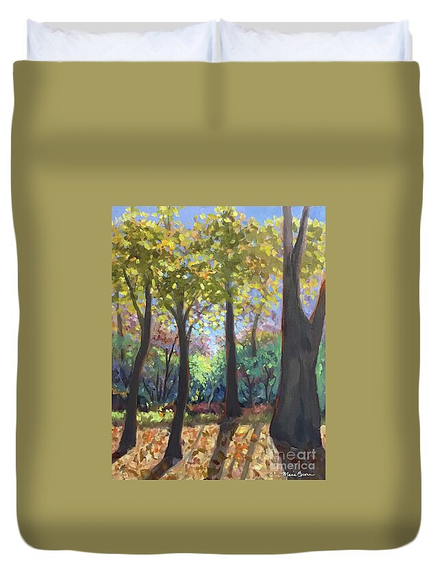 Oil On Panel Framed Duvet Cover featuring the painting Misty Morning Woods by Anne Marie Brown