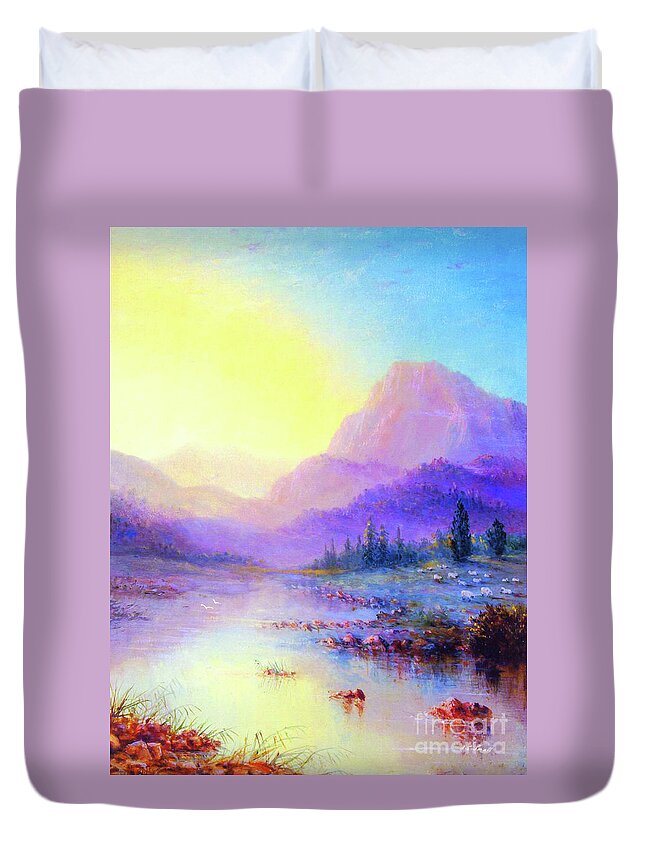 Landscape Duvet Cover featuring the painting Misty Mountain Melody by Jane Small