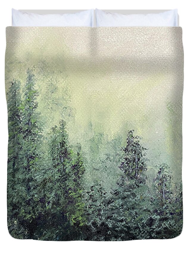 Pastel Duvet Cover featuring the painting Misty Pines by Charlene Fuhrman-Schulz