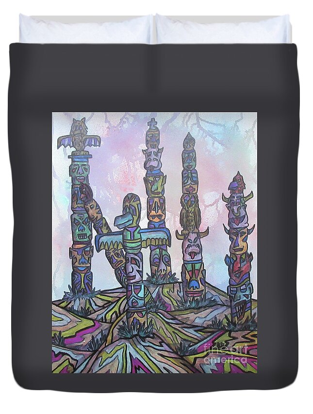 Totems Mixed Media Abstract Lobby Purse Bag Towel Cushion Mask Duvet Cover featuring the mixed media Misty Totems by Bradley Boug
