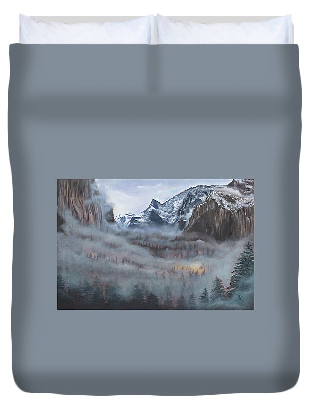 Yosemite Duvet Cover featuring the painting Misty Vale by Neslihan Ergul Colley