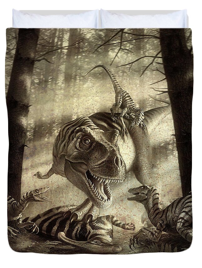 Dinosaur Duvet Cover featuring the digital art MMA Dino Style 2 by Jerry LoFaro