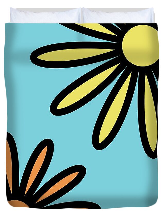 Mod Duvet Cover featuring the digital art Mod Flowers 2 on Blue by Donna Mibus