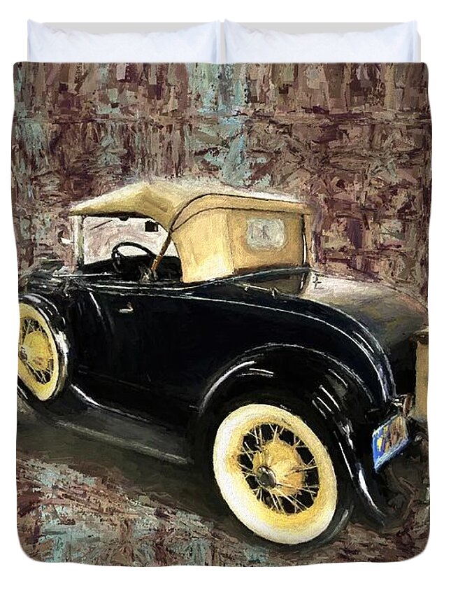 Classic Cars Duvet Cover featuring the mixed media Model A Deluxe 1931 Ford Convertible Soft Top by Joan Stratton