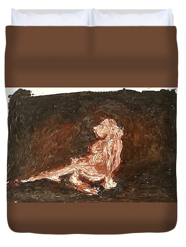 Pink Duvet Cover featuring the painting Model sitting on the floor by David Euler