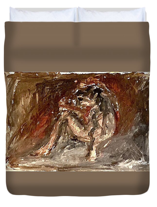 Model Duvet Cover featuring the painting Model sitting on the floor II by David Euler