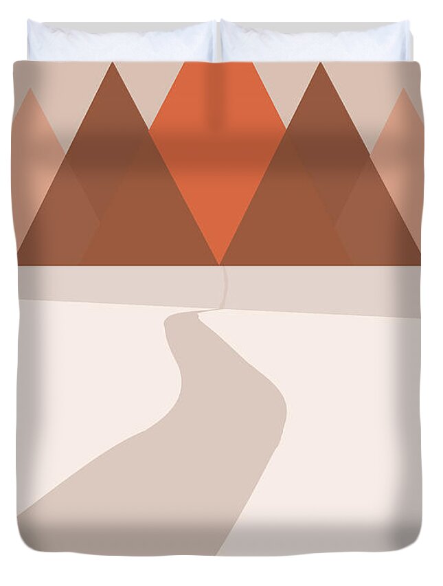 Mountains Duvet Cover featuring the mixed media Modern Abstract Geometric Mountains - Nature Abstract - Terracotta Brown - Landscape by Studio Grafiikka