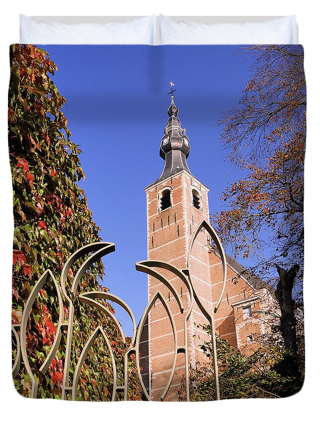 Design Duvet Cover featuring the photograph Modern gate and baroque church by Heidi De Leeuw