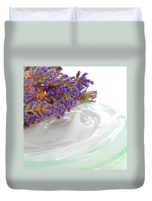 Moisturizer Duvet Cover featuring the photograph Moisturizing Cream in a Jar and Lavender Flowers by Olivier Le Queinec