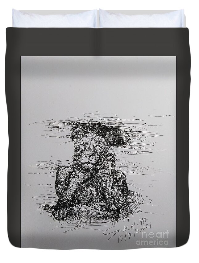 Lion Duvet Cover featuring the drawing Mom State by Sukalya Chearanantana