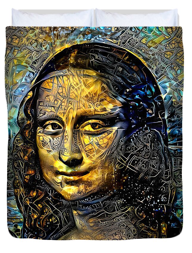 Mona Lisa Duvet Cover featuring the digital art Mona Lisa by Leonardo da Vinci - golden night design by Nicko Prints