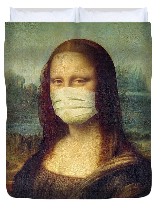 Mona Lisa Duvet Cover featuring the painting Mona Lisa wearing a mask by Delphimages Photo Creations