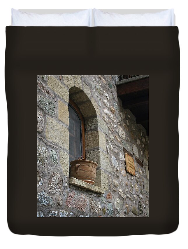 Greece Duvet Cover featuring the photograph Monastery Window by M Kathleen Warren