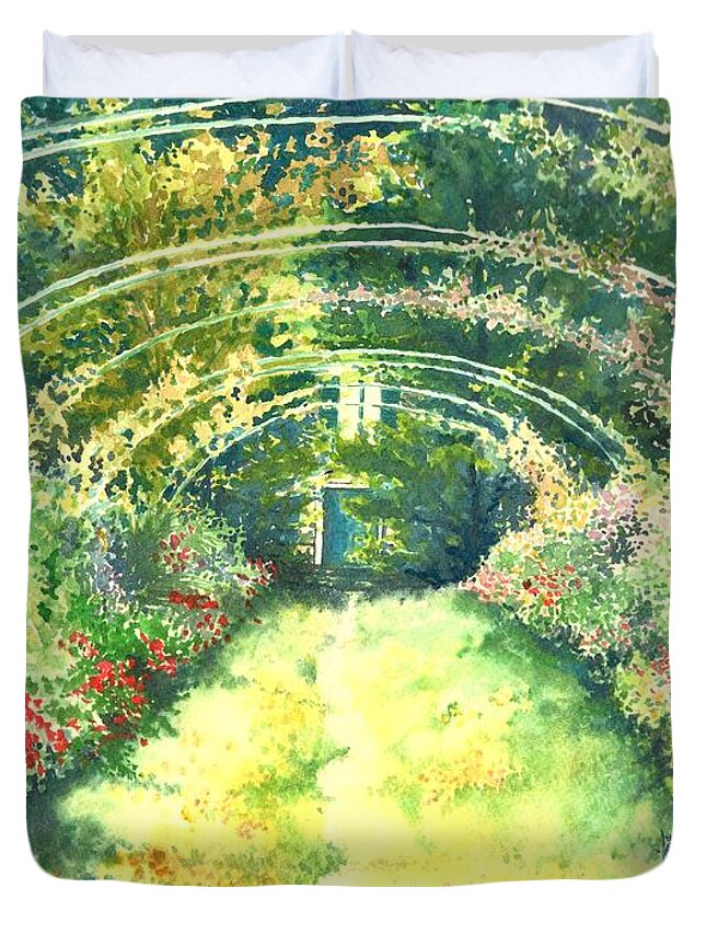Autumn Duvet Cover featuring the painting Monet's Garden Walkway by Merana Cadorette