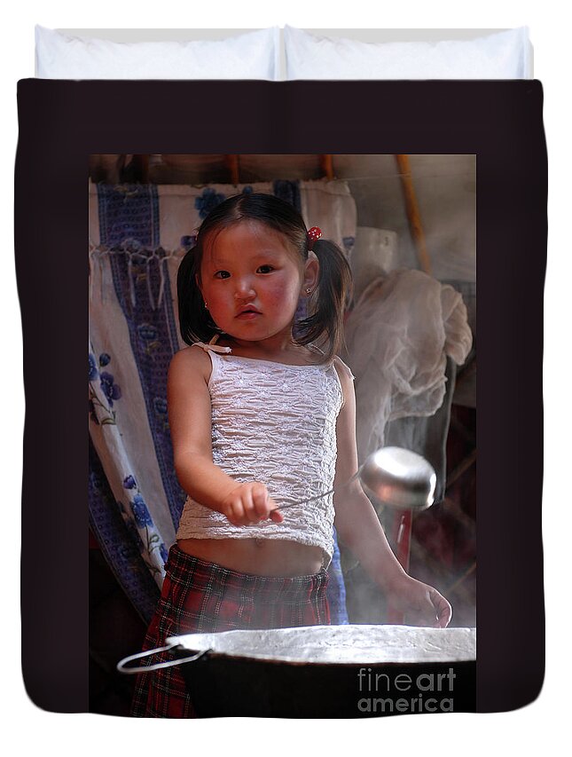 Mongol Little Girl Duvet Cover featuring the photograph Mongol little girl by Elbegzaya Lkhagvasuren