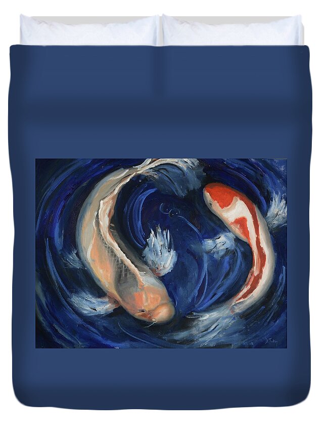 Koi Duvet Cover featuring the painting Monica's Koi by Donna Tuten