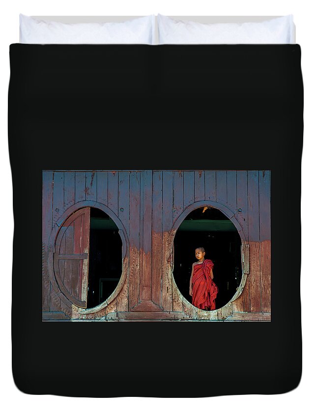 Monk Duvet Cover featuring the photograph Monk at Shwe Yan Pyay Monastery by Arj Munoz