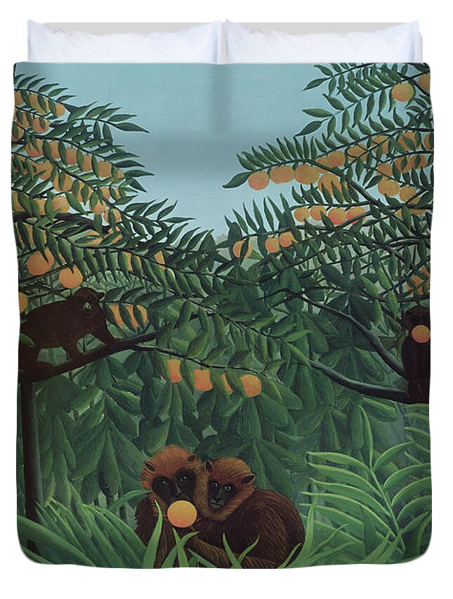 Monkeys In The Jungle Duvet Cover featuring the painting Monkeys in the Jungle, 1910 by Henri Rousseau