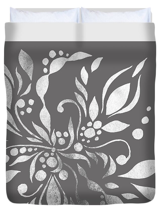 Floral Pattern Duvet Cover featuring the painting Monochrome Silver Gray Floral Design With Leaves Berries Flowers Pattern III by Irina Sztukowski