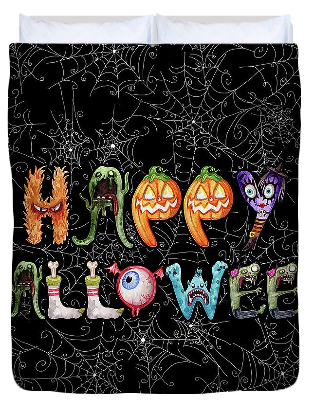 Halloween Duvet Cover featuring the digital art Monster Funny Halloween Typography by Doreen Erhardt