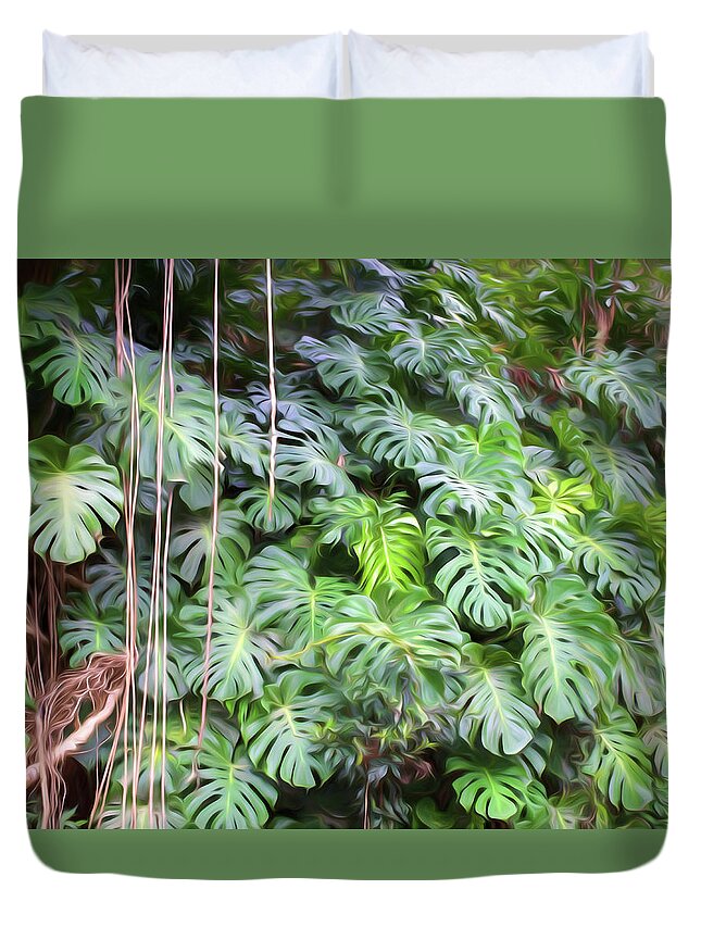 Cheese Plant Duvet Cover featuring the digital art Monstera deliciosa expressionist rendering by Alessandra RC
