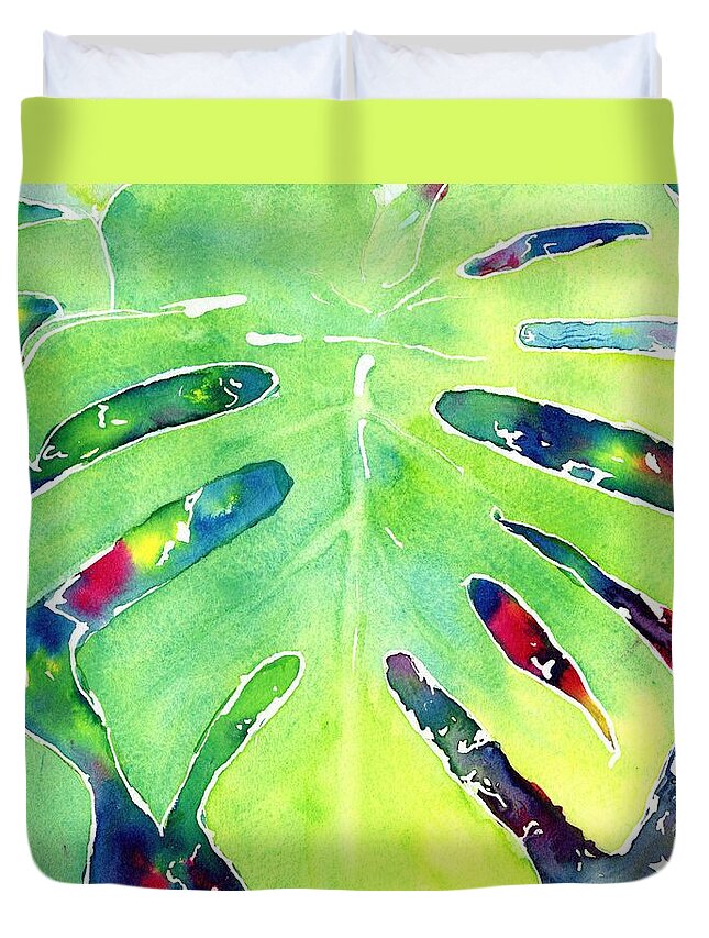 Leaf Duvet Cover featuring the painting Monstera Tropical Leaves 1 by Carlin Blahnik CarlinArtWatercolor