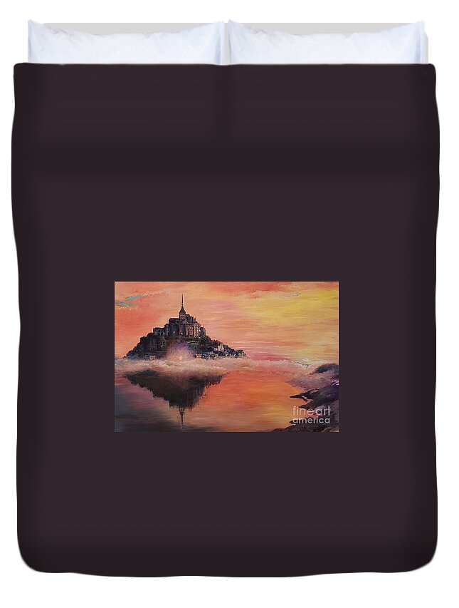 Sunset Duvet Cover featuring the painting Mont St. Michel by Merana Cadorette