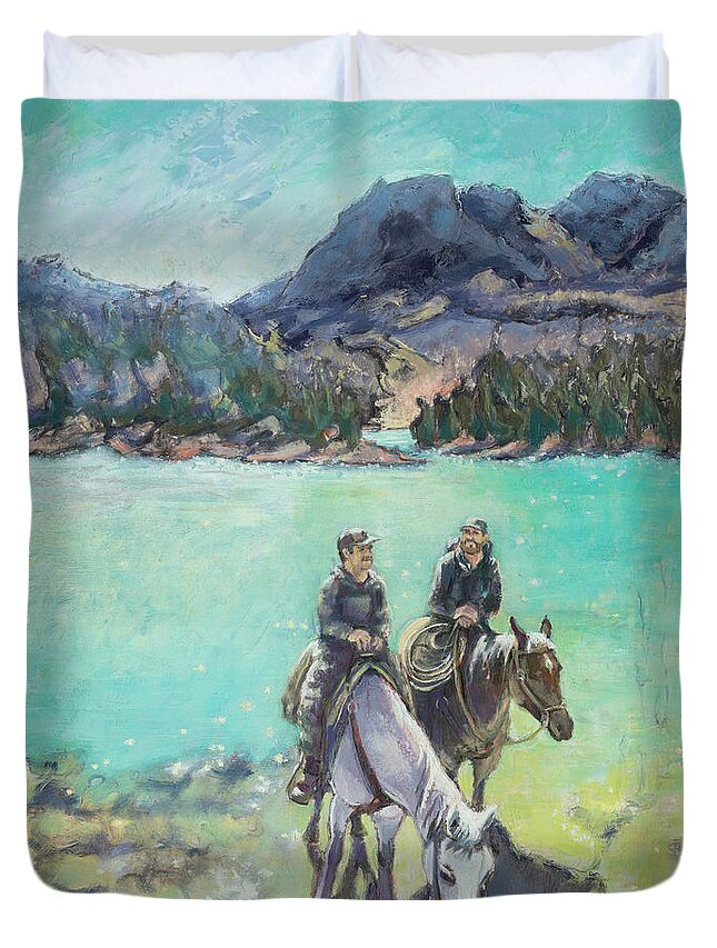 Montana Duvet Cover featuring the painting Montana on Horseback by PJ Kirk