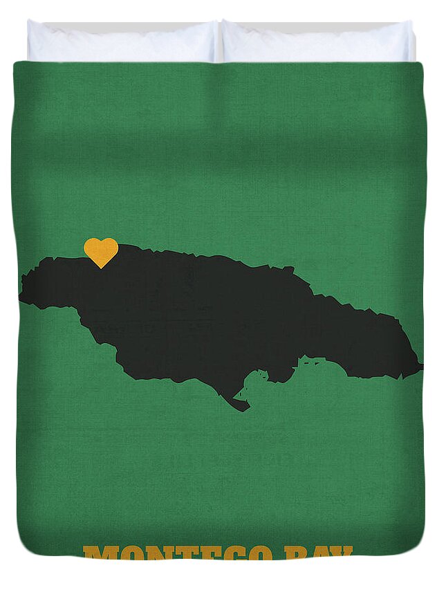 Montego Bay Duvet Cover featuring the mixed media Montego Bay Jamaica Founded 1510 World Cities Heart Print by Design Turnpike